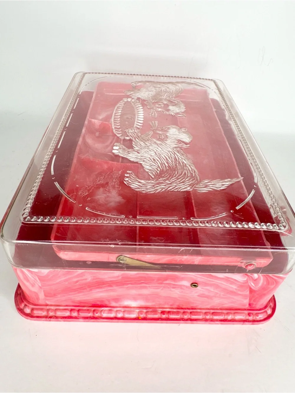 VTG 50s Jewelry Box Trinket Cats Kittens Granny Sewing Hommer Marbled Plastic